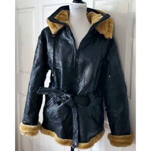 Wilda Genuine Black Leather Hooded Womens Coat Faux Fur Lined Jacket Size M